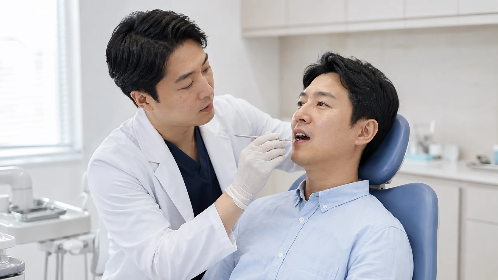 어금니 임플란트 잇몸뼈 소실 상태를 설명하는 장면