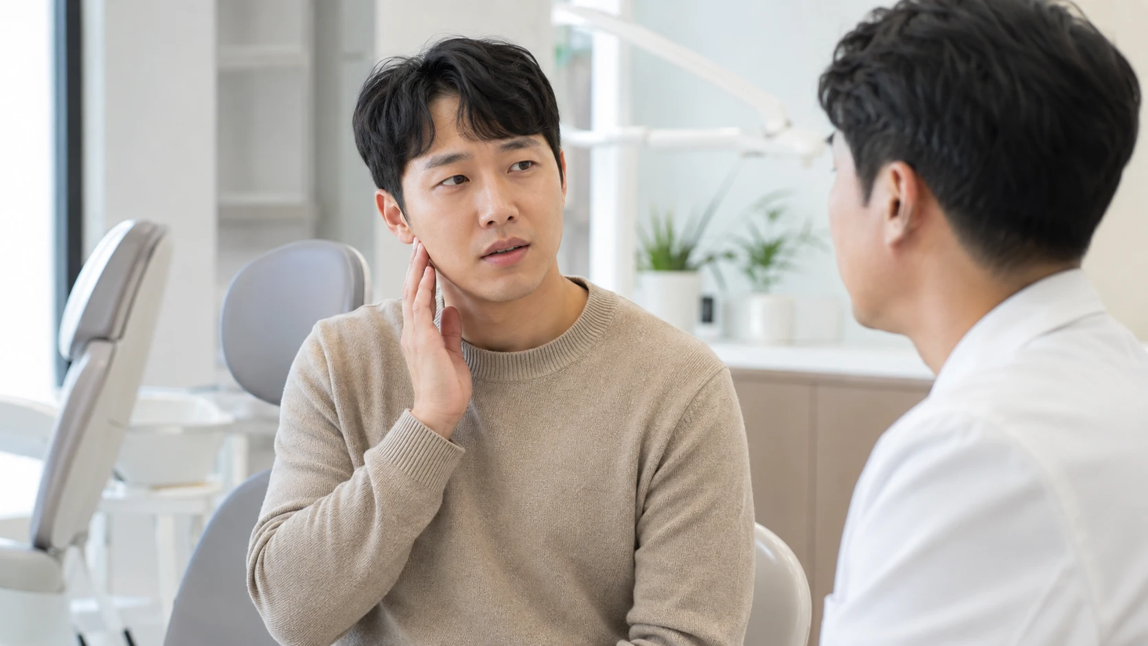 어금니 임플란트 크라운 깨짐 상태를 설명하는 장면
