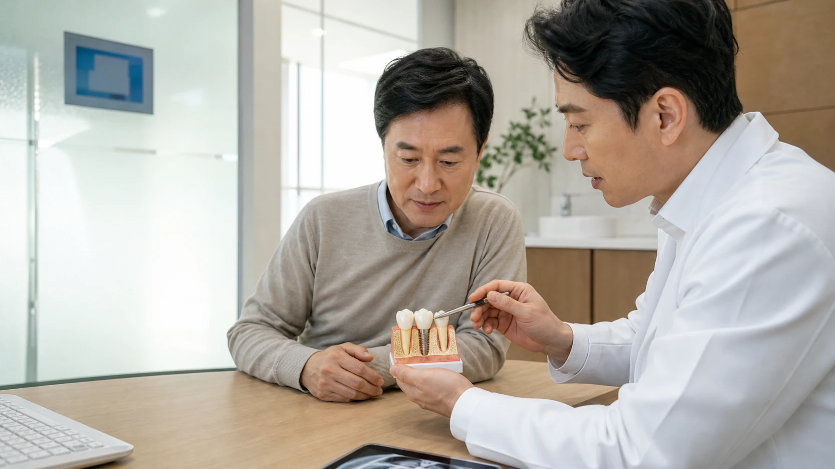 어금니 임플란트 수명 상태를 설명하는 장면