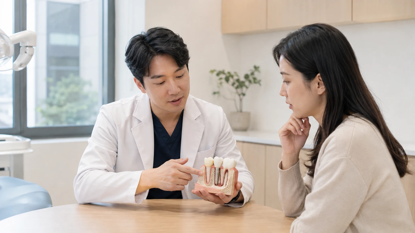 어금니 임플란트 음식물 끼임 관리와 검진 장면
