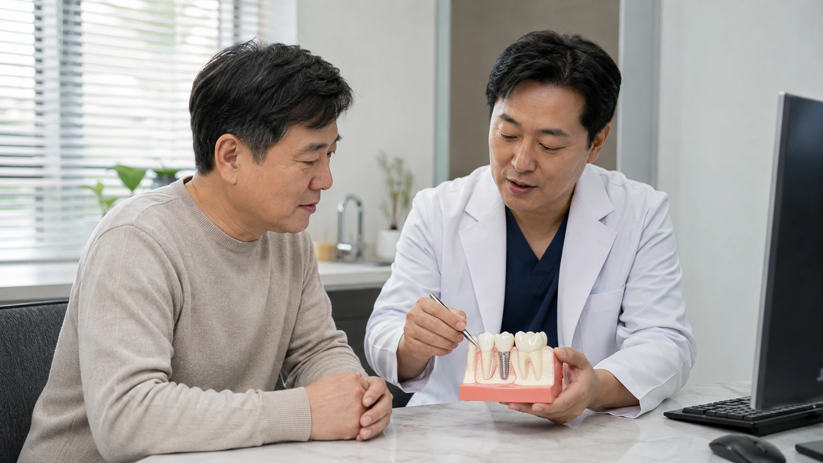치과에서 어금니 임플란트 모형을 함께 확인하는 상담 장면